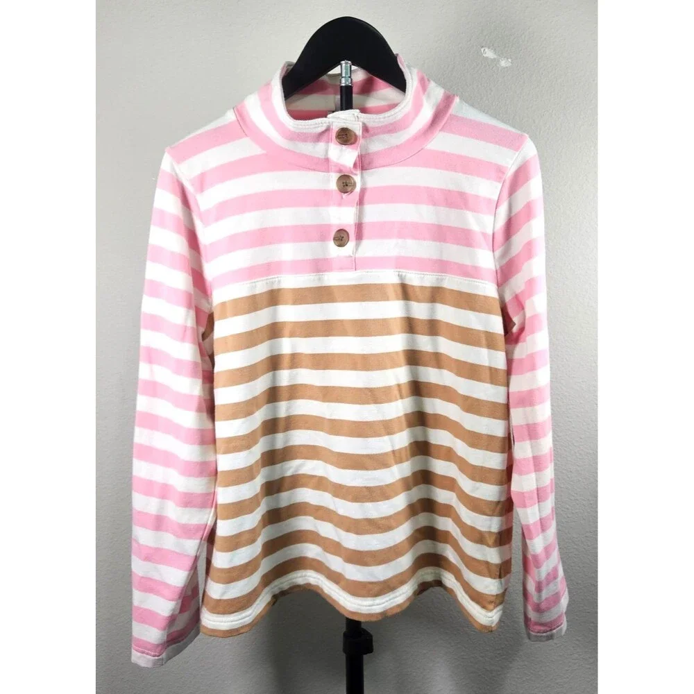 J.Crew Womens Large Stripe Funnel Neck Pullover Pink Tan Colorblock Top Preppy